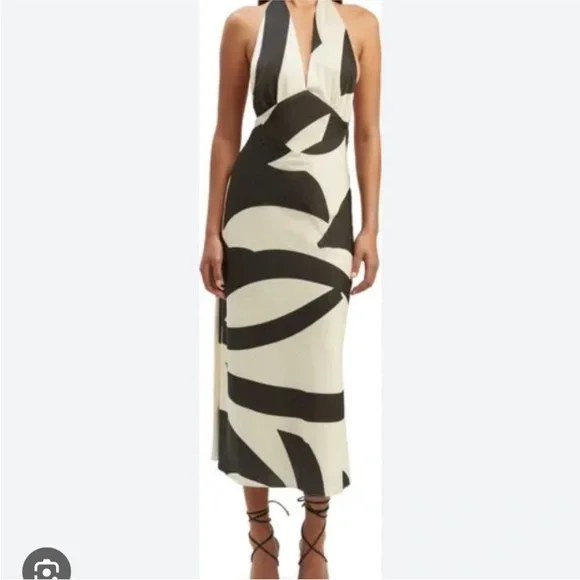 Bardot Citron black ivory halter midi dress back zip satin 4 s small - Picture 5 of 11